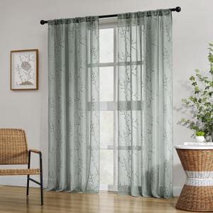 HOMEIDEAS Sage Green Sheer Curtains 52 X 96 Inches Length 2 Panels Embroidered Branch Pattern Pocket Faux Linen Floral Semi Sheer Voile Window Curtains/Drapes for Bedroom Living Room 