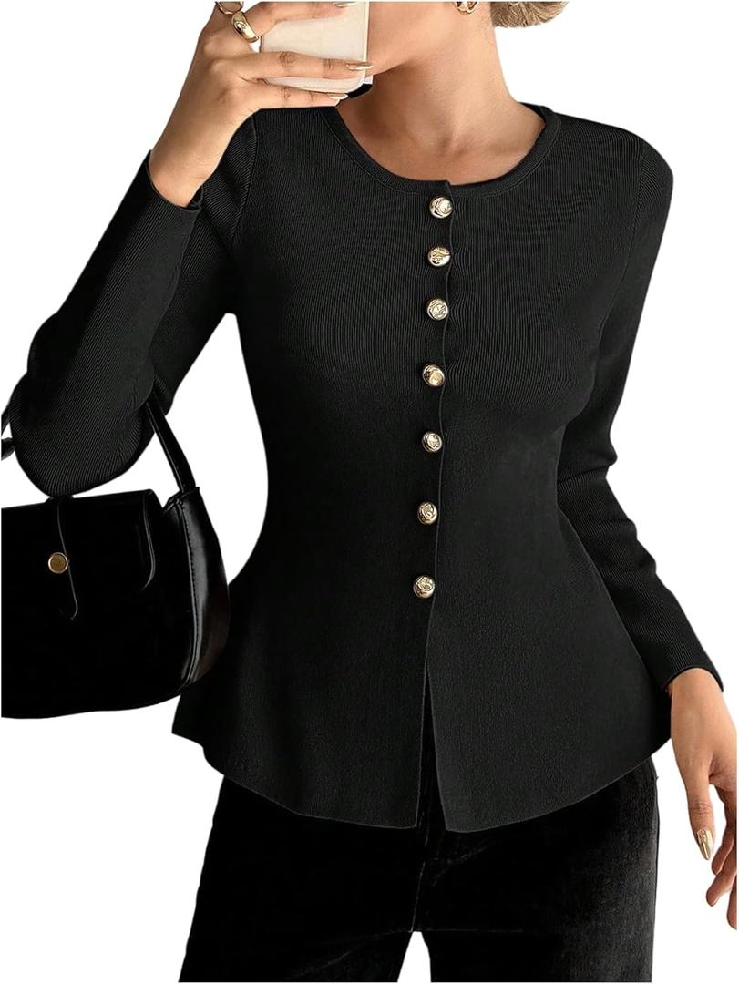 Verdusa Women's Button Up Dressy Cardigans Ruffle Peplum Sweater Elegant Formal Tops Spring Fall Clothes (Medium, Black)