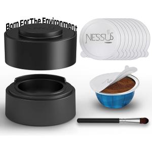 Nessus Vertuo Reusable Pods Kit, 50 Pcs [ALSeal EZ FIT] Aluminum Foil Seals for Nespresso Capsules Vertuoline, Holder and Brush, Fits for Refillable Vertuo Pods(Pods Not Included)