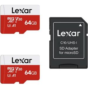 Lexar 64GB Micro SD Card 2 Pack, microSDXC UHS-I Flash Memory Card with Adapter - Up to 100MB/s, U3, Class10, V30, A1, High Speed TF Card (2 microSD Cards + 1 Adapter)
