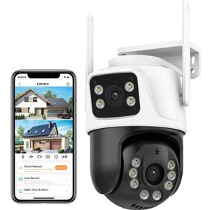 6MP Security Camera Outdoor, 360PTZ Surveillance System, Dual Lens Security Camera 2.4Ghz 24/7 Record IP66 WiFi Camera for Home Security with Motion Detection, Color Night Vision,Two-Way AudioWhite