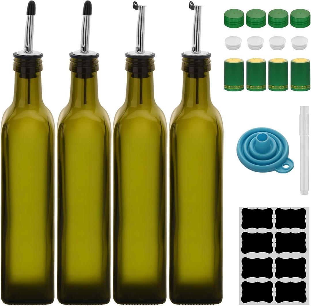 17oz 4 Pcs Olive Oil Dispenser Bottle,500ml Glass Oil and Vinegar Dispenser Set with 4 Stainless Steel Pourers, 8 Labels,Funnel Oil Bottles for Kitchen (Green)