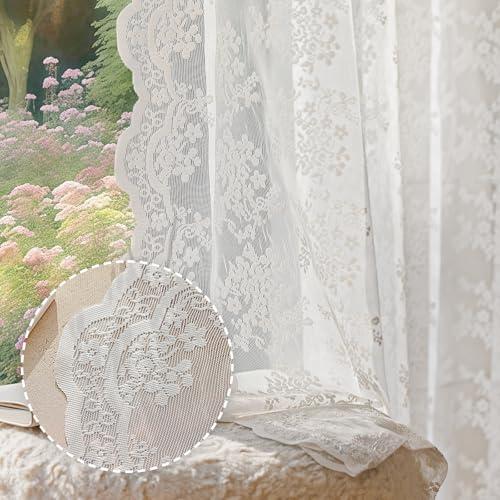 Anmao Vintage White Lace Curtains 63 Inches Long 2 Panels Set, Romantic Elegant Light Filtering Semi Sheer Floral Thick Lacy Curtain Drapes for Living Room and Bedroom, Each Panel 55W x 63L, Off White