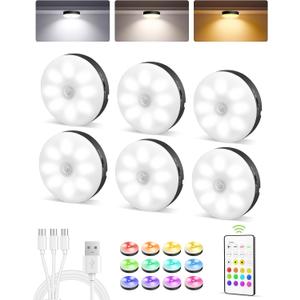 EZVALO Under Cabinet Lighting,1000mAh Rechargeable Puck Lights with Remote,3 Color Temps & 12 RGB Motion Sensor Closet Lights Indoor, Dimmable Under Counter Lights for Kitchen, Shelf Black, (6 Packs)
