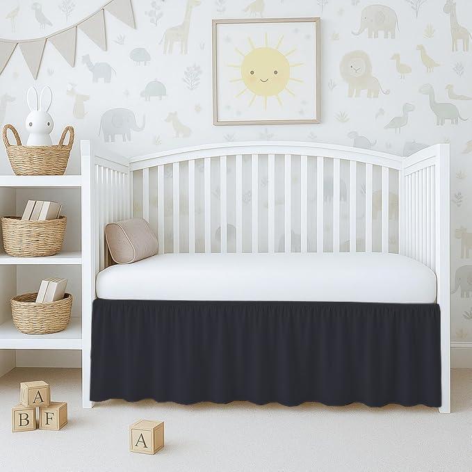 1Pcs 100% Soft Microfiber Fabric Crib Ruffled Bed Skirt - 52"x 28" + 14" Drop Lenght with Split Corners for Baby Boys Girls Soft 4-Sided Bed Skirt - Black Solid