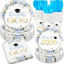 Whaline 168 Pcs Graduation Floral Paper Plates and Napkins Set Party Supplies Blue Flower Congrats Grad Disposable Tableware Cups and Cutlery for 24 Guests Class of 2026 Dinnerware