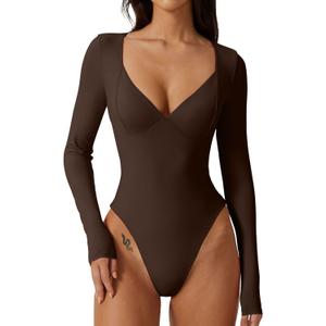 QINSEN Women's Long Sleeve Bodysuit V Neck Body Suits Seamed Cup Going Out Tops Shirt (Medium, Coffee Bean)