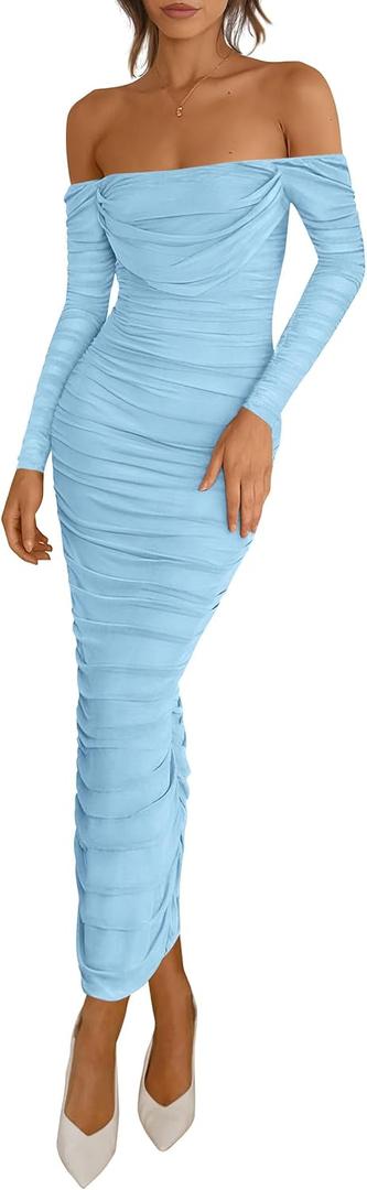 PRETTYGARDEN Womens 2026 Fall Long Sleeve Maxi Dress Off Shoulder Mesh Ruched Bodycon Trendy Long Wedding Guest Dresses (L)