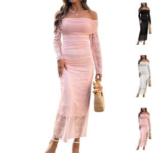 Women's Off the Shoulder Lace Formal Cocktail Ruched Dress Ladies Elegant Dusty Pink Wedding Guest Evening Party Porm Grown Club Semi Night Going Out Fishtail Long Sleeve Maxi Long Bodycon Dresses M