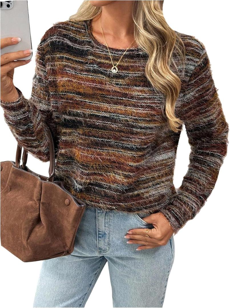 SOLY HUX Women's Long Sleeve Crew Neck T Shirts Vintage Striped Fuzzy Tees Fall Pullover Tops Brown Multi, X-Large