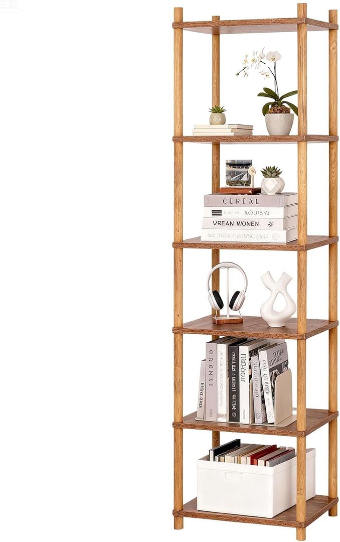 YGYQZ Bookshelf, 6-Tier High Vertical Book Shelf with Large Capacity, DIY Stackable Wooden and Metal Bookshelf Organizer, Suitable for Living Rooms, Offices, Bedrooms, and Studies (6-Tier(11.8x15.7x64.1 Inches), Brown)