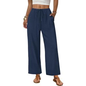 Sampeel Wide Leg Pants Women Casual Palazzo Drawstring Elastic Waist Trousers with Pockets Summer Beach Vacation Clothes,L