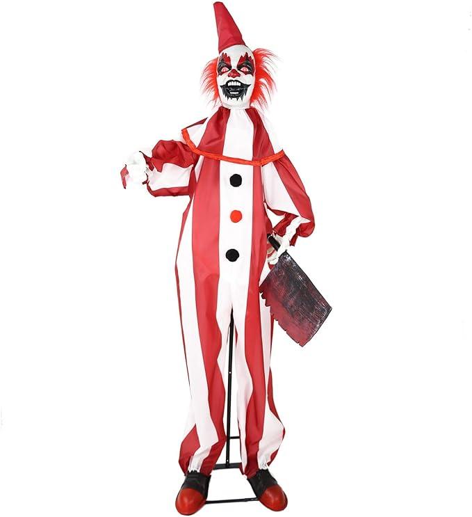 Haunted Hill Farm Lifesize 5.5-Ft Animatronic Scary Talking Clown Holding Knife with Touch Activated Lights and Sound, Battery-Operated Indoor or Covered Outdoor Halloween Decoration