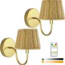 Battery Operated Wall Sconce Set of 2, Rechargeable Wireless Rattan Wall Sconces with Dimmable Detachable Magnetic Bulbs and Remote, 3 Colors Wall Lights for Bedroom Living Room Hallway (7 Inch, Gold)
