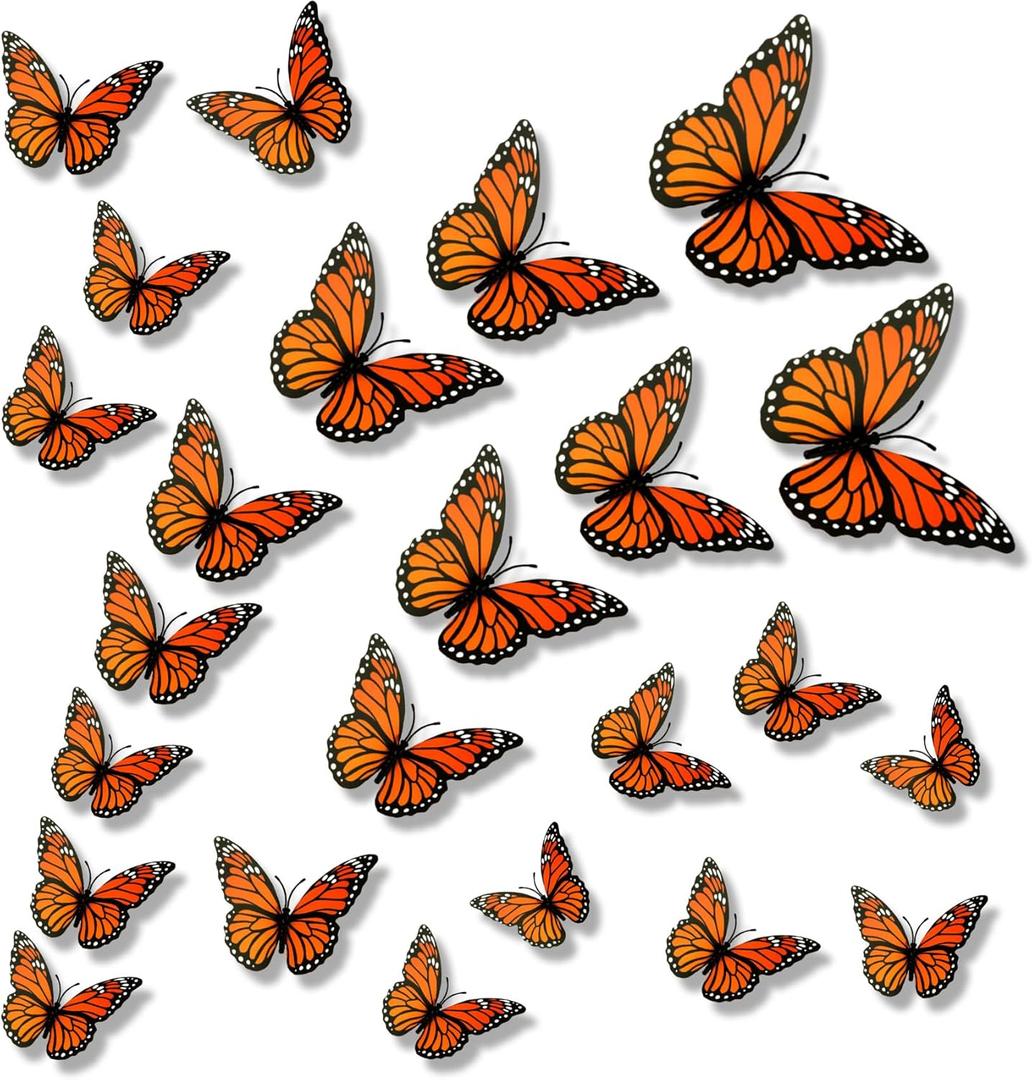 Monarch Butterfly Decorations, 24Pcs 3D Halloween Butterfly Wall Decor, 3 Size Orange Realistic Fake Butterflies for Home Wall Bedroom Craft Wedding Decoration Day of The Dead Party Favor