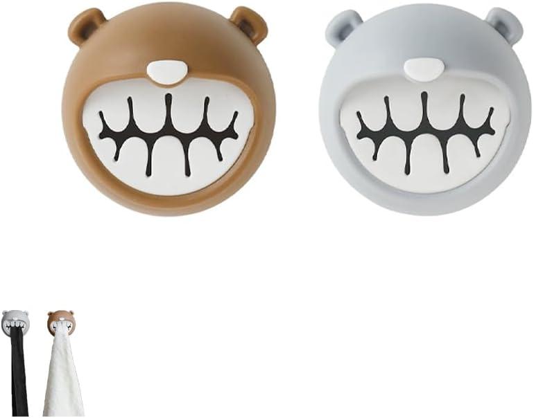 Adorable Bear Adhesive Hooks 2pcs - No Drill Child-Safe Towel Rack, Space-Saving Wall Mount for Bathroom, Kitchen & Nursery, Cute Animal Design with Secure Hold (Gray & Brown)