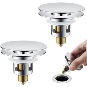 Universal 2PCS Bathroom Sink Stopper 2 in 1 Pop Up Metal Sink Drain Strainer with Hair Catcher, Fit for 1.1~2.36" Sink Basin Hole, Not for Bathtub, Big Cover Cap, Anti-clog, Chrome