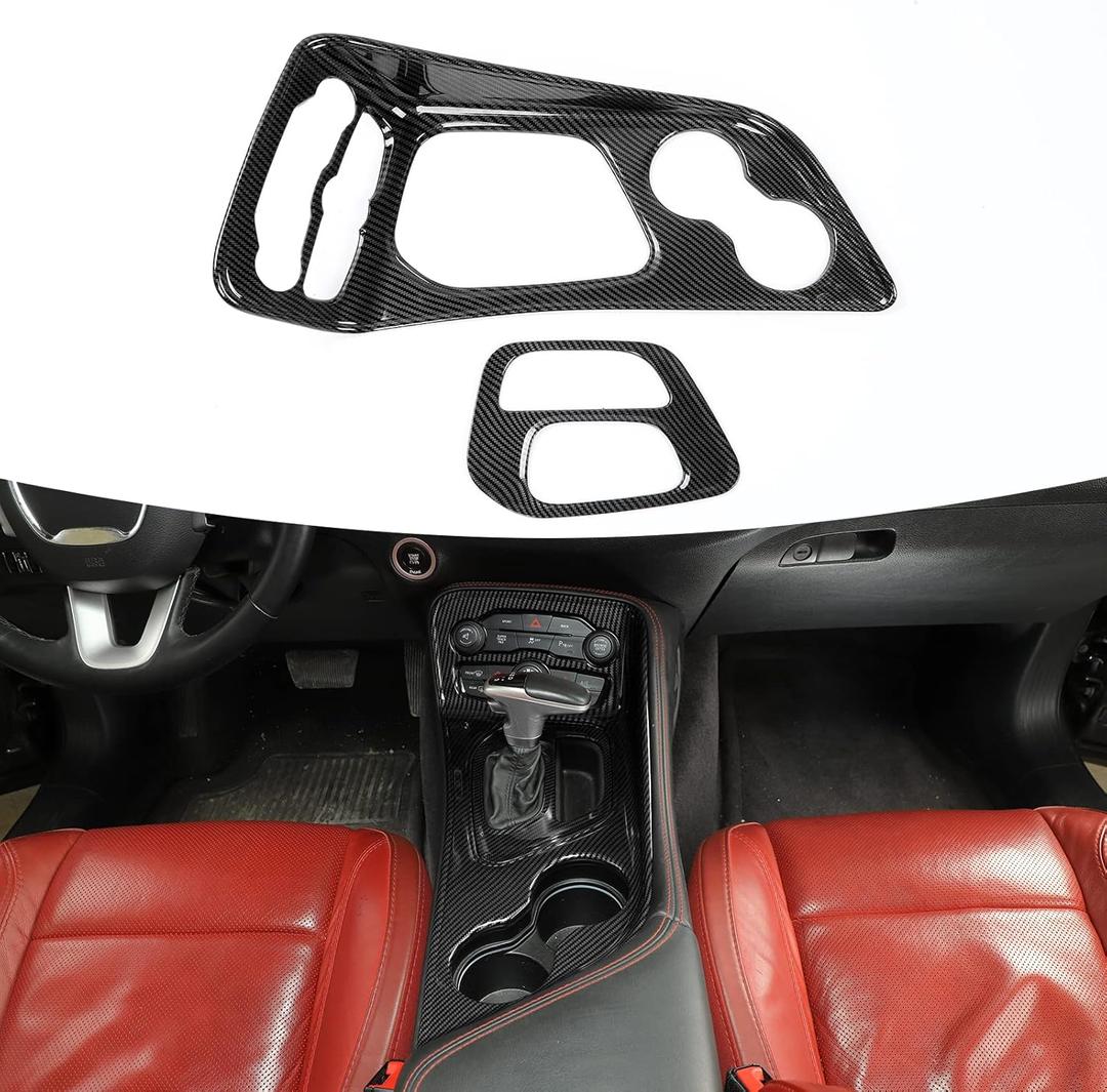 JWWY for Challenger Gear Shift Lever Shifter Transmission Gear Selector Gearstick Selector Lever Panel Trim for 2015-2025 Dodge Challenger Interior Accessories, ABS Carbon Fiber 2Pcs