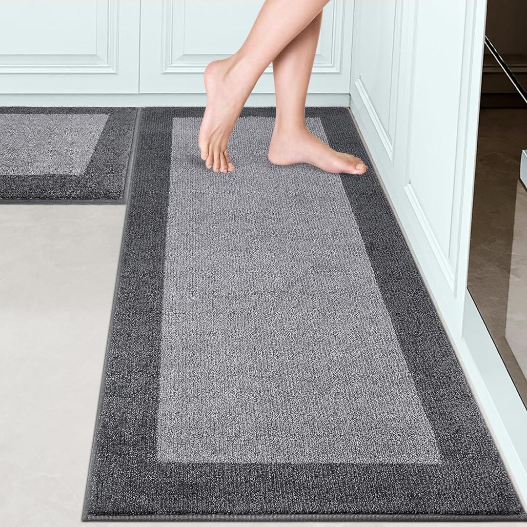 Machine Washable (24" x 36"+ 24" x 60"') Kitchen Rugs Set of 2, Non Slip Kitchen Mats for Floor, Absorbent Entrance Runner Rugs for Bedroom, Hallway, Bathroom, Door (Roll Packing) (Grey)