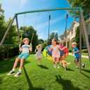 Trekassy 440lbs Swing Sets for Backyard - 2 Seat Outdoor Kids Playset with Saucer & Belt Swing, Heavy-Duty A-Frame Metal Stand for Backyard Playground - Green and Brown (Patented)