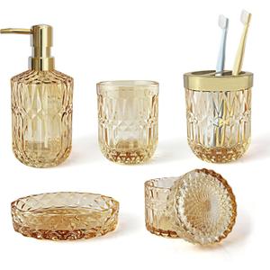 Gold Bathroom Accessory Set, 5Pcs Clear Glass Bathroom Accessories, Lotion Soap Dispenser Set, Toothbrush Holder Set, Soap Dish, Tumbler, Qtips Holder for Bathroom Decor, Yellow Gold