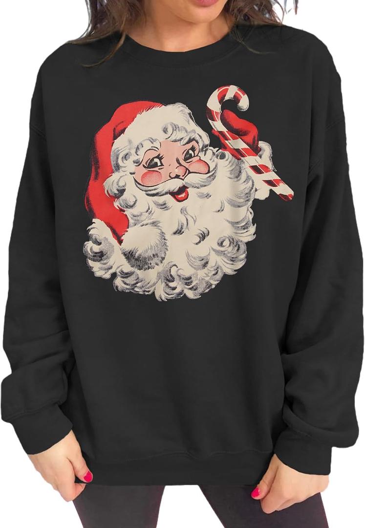 Ritatte Women Christmas Sweatshirt Retro Santa Claus Graphic Pullover Vintage Crewneck Long Sleeve Casual Xmas Holidays Tops (Large, Black)