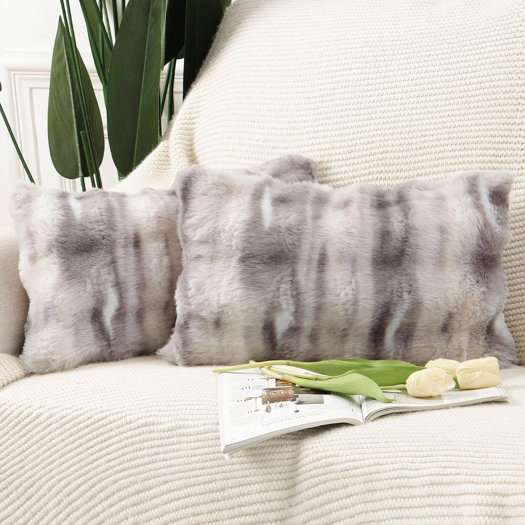 MADIZZ Pack of 2 Thick Plush Faux Wool Throw Pillow Covers Soft Boho Throw Pillows Luxurious Cushion Covers for Couch Sofa Bedroom Living Room Home Decor 12x20 Inch Grey Taupe