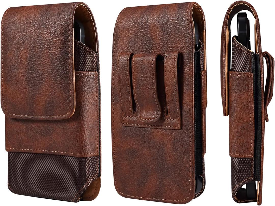 Cell Phone Belt Clip Bag Leather, Mobile Phone Blet Pouch Mens, Universal Waterproof Leather Smartphone Belt Loop Holster with Card Holder Carabiner Hook Wallet Purse Pocket for Outdoor Sport Travel (6.9 INCH, Brown)