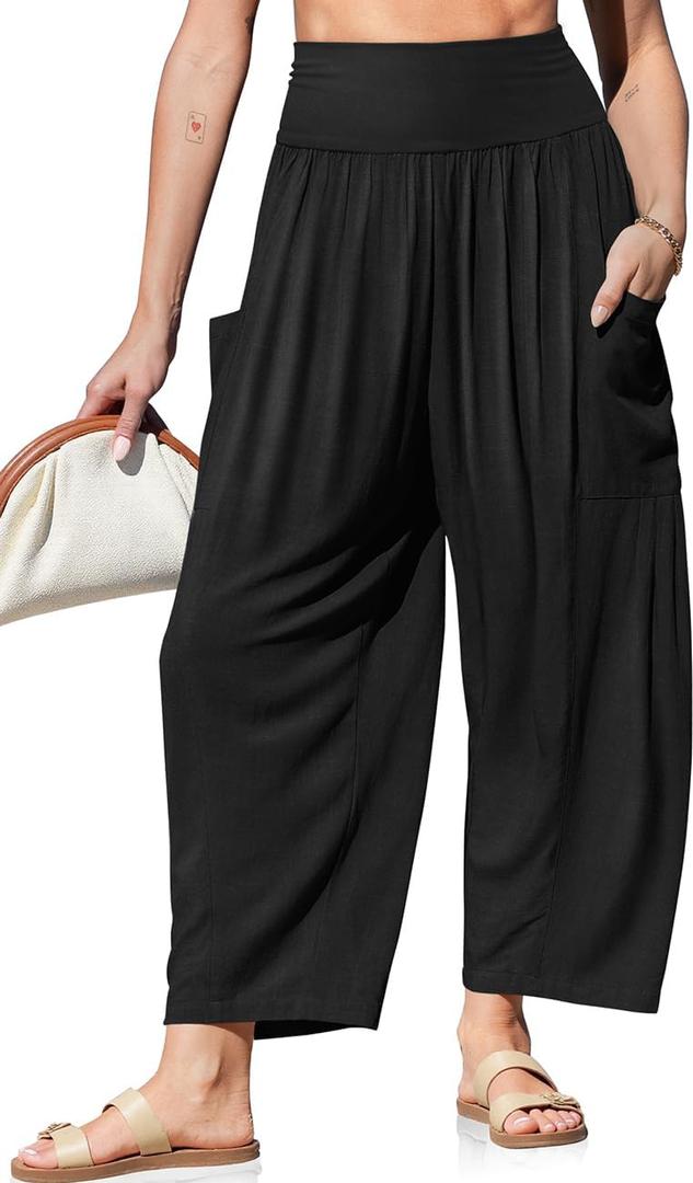 TARSE Womens Linen Wide Leg Pants Casual Loose Elastic Waist Beach Travel Vacation Palazzo Harem Pants with Pockets (Black, M)