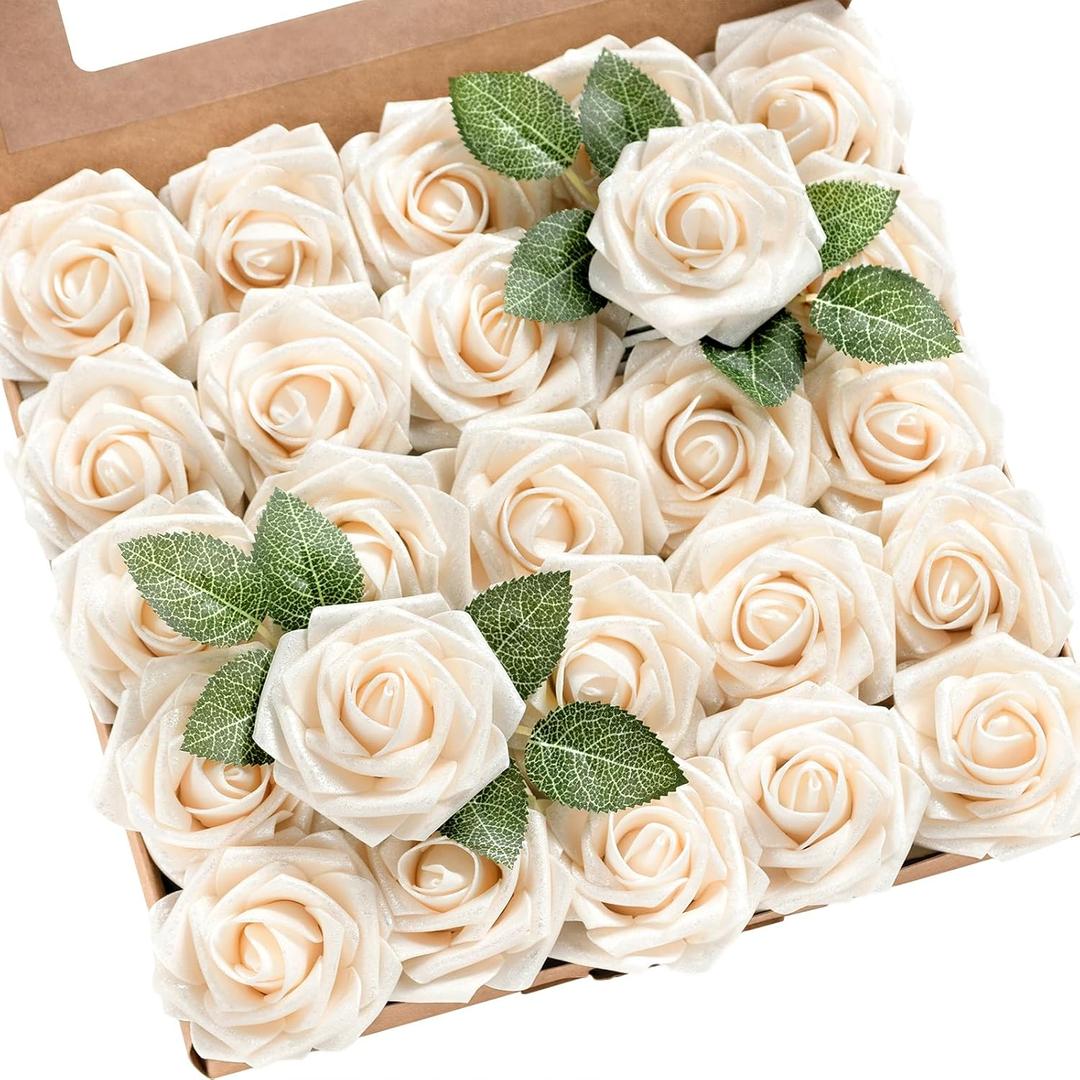Lings Moment Artificial Flowers 25Pcs Glowing Cream Roses Decor w/Stems,3" Real Touch DIY Foam Floral for Wedding Bouquet/Centerpieces, Outdoors Party Backdrop, Room/Table, and Garden/Pot Decorations