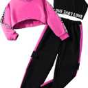 Hilinker Girls Graphic 3 Piece Outfits Workout Hoodie Crop Tank and Sweatpants Set (11-12 Years, Hot Pink Black La)