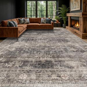 Modern 9x12 Large Area Rugs for Living Room, Charcoal Stone Minimalist Oriental Washable Boho Black Rug for Bedroom Under Bed with Distressed Geometric Design, Stain Resistant Low Pile Non-Slip
