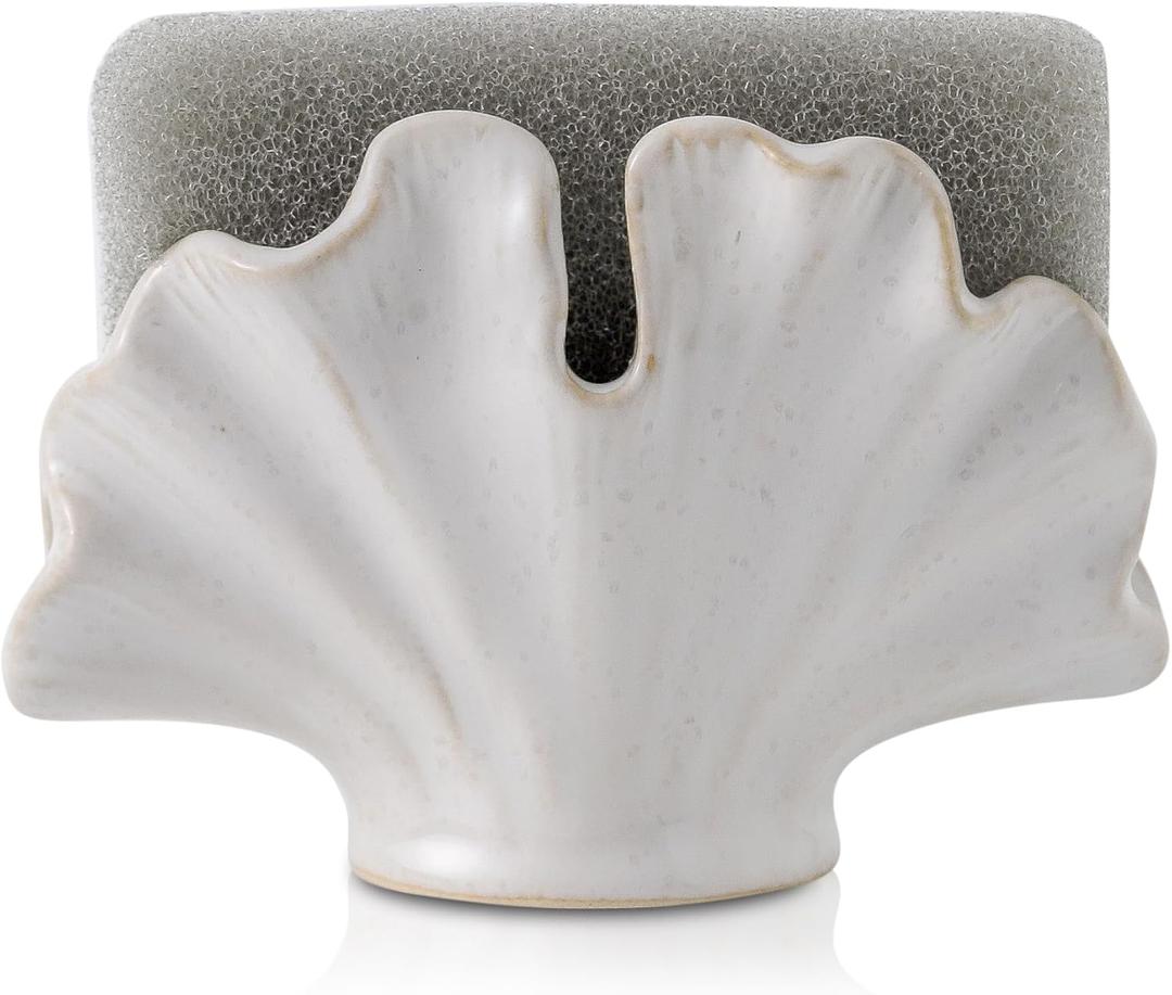 Ceramic Sponge Holder,Sponge Holder for Kitchen Sink,Compact Sink Caddy Organizer-Scouring Pad and Dish Sponge Holders,Farmhouse Kitchens Decor Cute Kitchen Gadgets Accessories(White)