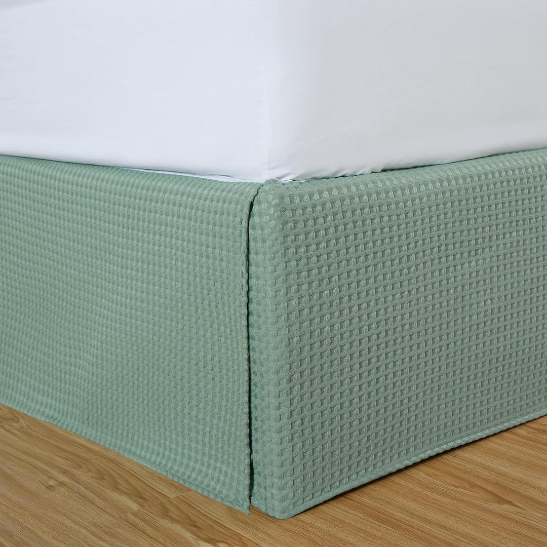 Chezmoi Collection Pleated Waffle Weave Bed Skirt, Tailored Dust Ruffle Easy Fit 16-Inch Drop, Machine Washable (California King - 16" Drop, Sage Green)