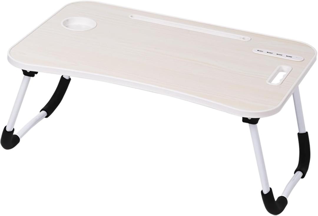 Adjustable Laptop Bed Table, Portable Laptop Tray with Storage Drawer/Cup Holder/USB Charge Port/USB Fan/USB Lamp for Working,Reading,Writing,Watching, White