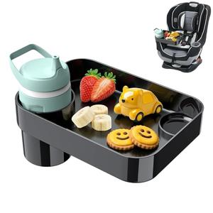 DOKNAAM Car Seat Snack Tray for Toddlers - 3 Inch Cup Holder Fits Most Sippy Cups & Straw Bottles with Dip Well, Mess-Free Square Kids Travel Tray Road Trip Essentials, Black