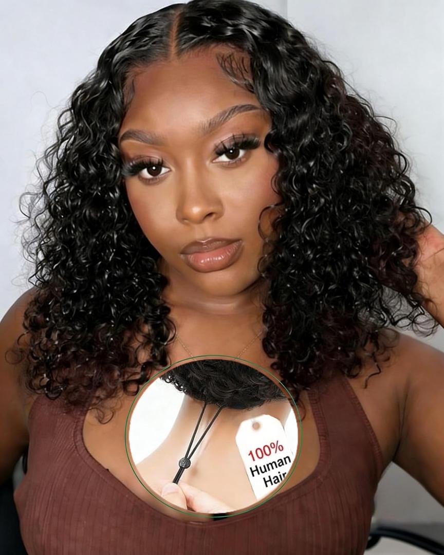 Curly Bob Wig Human Hair Deep Wave 13x4 HD Lace Front Wigs Human Hair for Black Women Pre Plucked Wear and Go Glueless Short Frontal Wet and Wavy Wig 14 Inch