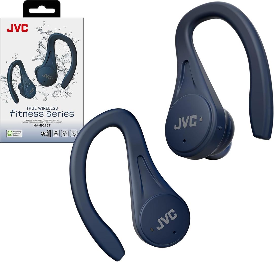 JVC Sport True Wireless Earbuds Headphones, Lightweight and Compact, Long Battery Life (up to 30 Hours), Sound with Neodymium Magnet Driver, Water Resistance (IPX5) - HAEC25TA (Blue) (Small)
