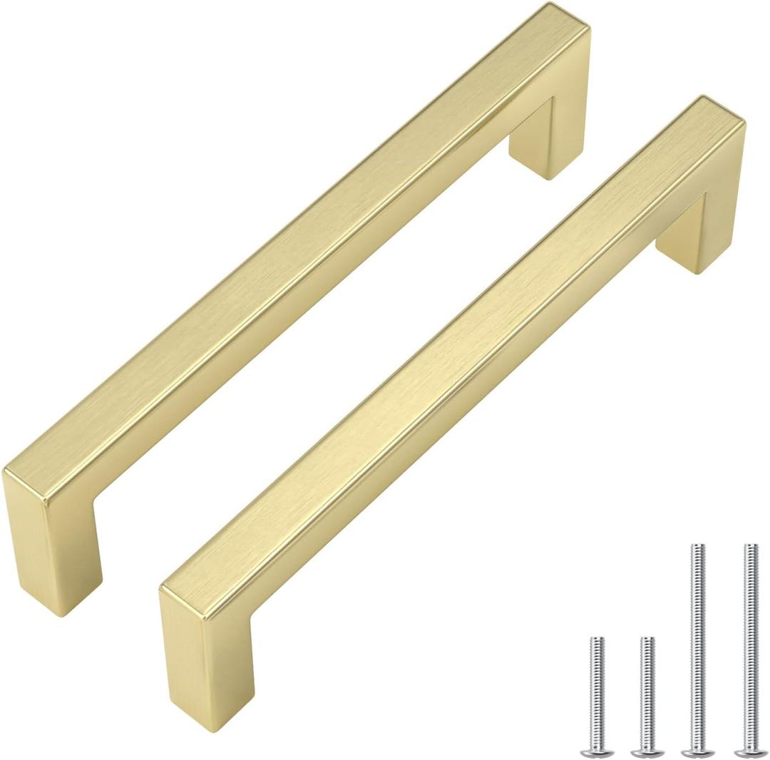 Goldenwarm 20 Pack 5 inch Brushed Gold Cabinet Pulls Brushed Gold Cabinet Handles Kitchen Handles for Cabients Drawer Pulls Kitchen Hardware for Cabinets (5in(128mm) hole centers)