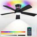 46" Black Ceiling Fans with RGB Lights - Flush Mount Ceiling Fan Light with LED 3CCT Dimmable, Modern Low Profile Ceiling Fans for Indoor Party,Covered Outdoor