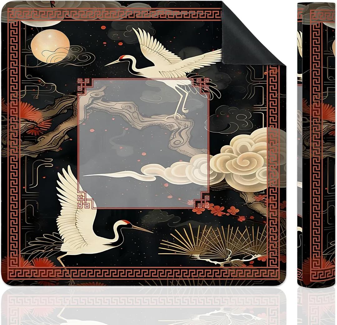 Oriental Chinese White Crane Mahjong Mat for Table, Traditional Red and Black Chinoiserie 31.5" x 31.5" Non-Slip & Noise Reduction Mahjong Mat for Poker Dominoes Cards & Board Games