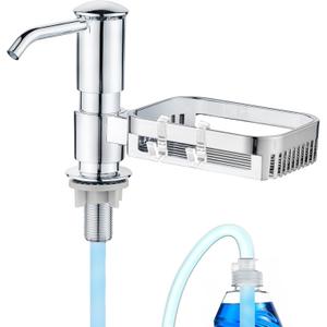 Soap Dispenser for Kitchen Sink with Sponge Holder, Built in Soap Dispenser Pump, Under Counter ABS Pump Head with 38" Extension Tube Kit, Good Suction Power, Chrome