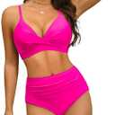 Women's High Waisted Bikini Set Push Up V Neck Ruched Bottom Stylish Two Piece Swimsuit Bathing Suit (Large)