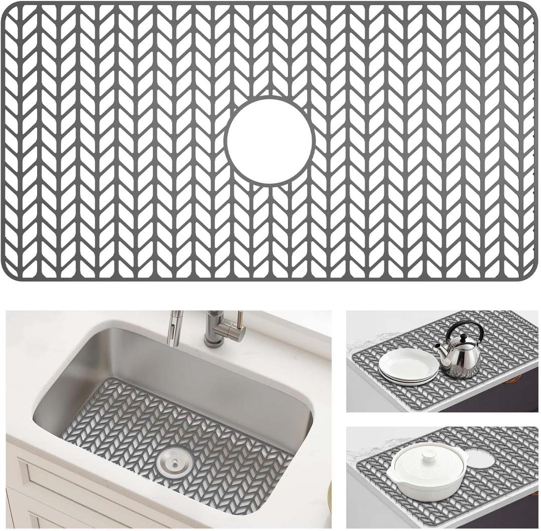 AWOKE Large Silicone Sink Protectors for Kitchen Sink, 30" x 16" Center Drain Hole, Sink Mat for Bottom of Farmhouse Kitchen Stainless Steel Sinks, Raised Feet/Heat Resistant/Non-slip (Gray)