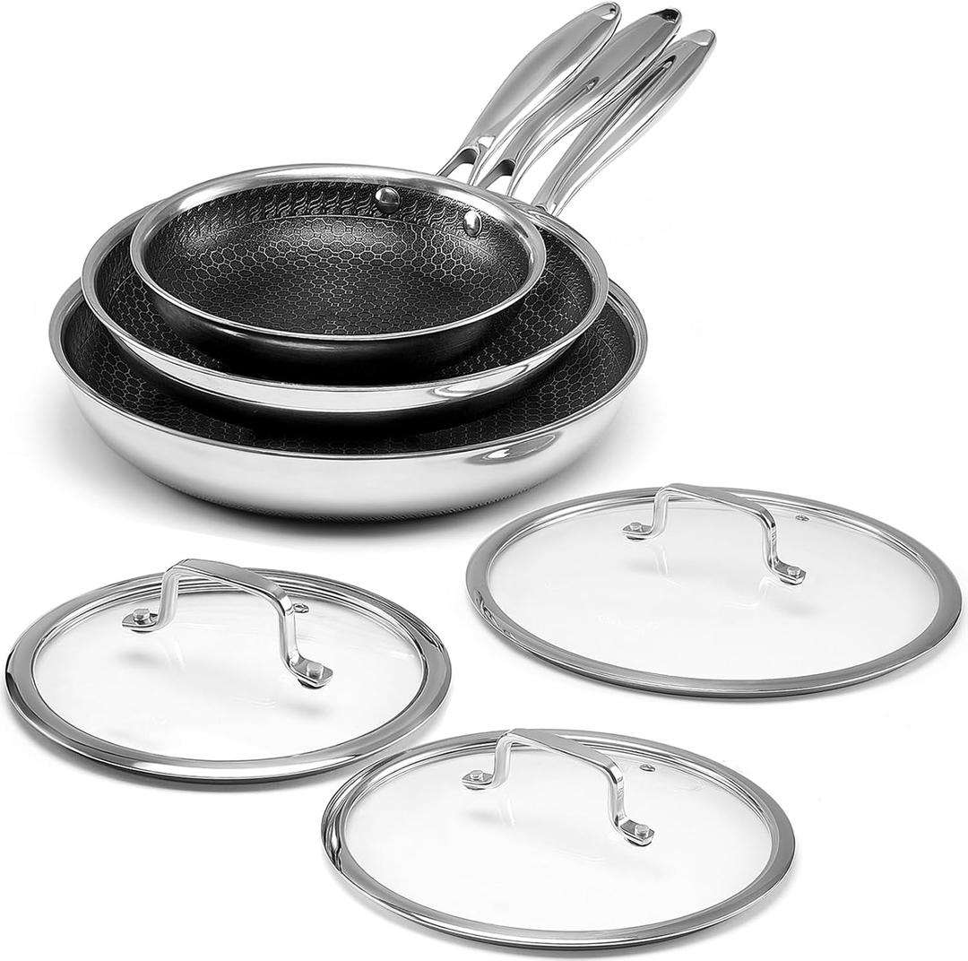 Cookware Set, Hybrid Skillets and Frying Pans Set(8+10+12inch), PFOA Free Kitchen set Dishwasher and Oven Safe Induction Compatible Stainless Steel Skillets