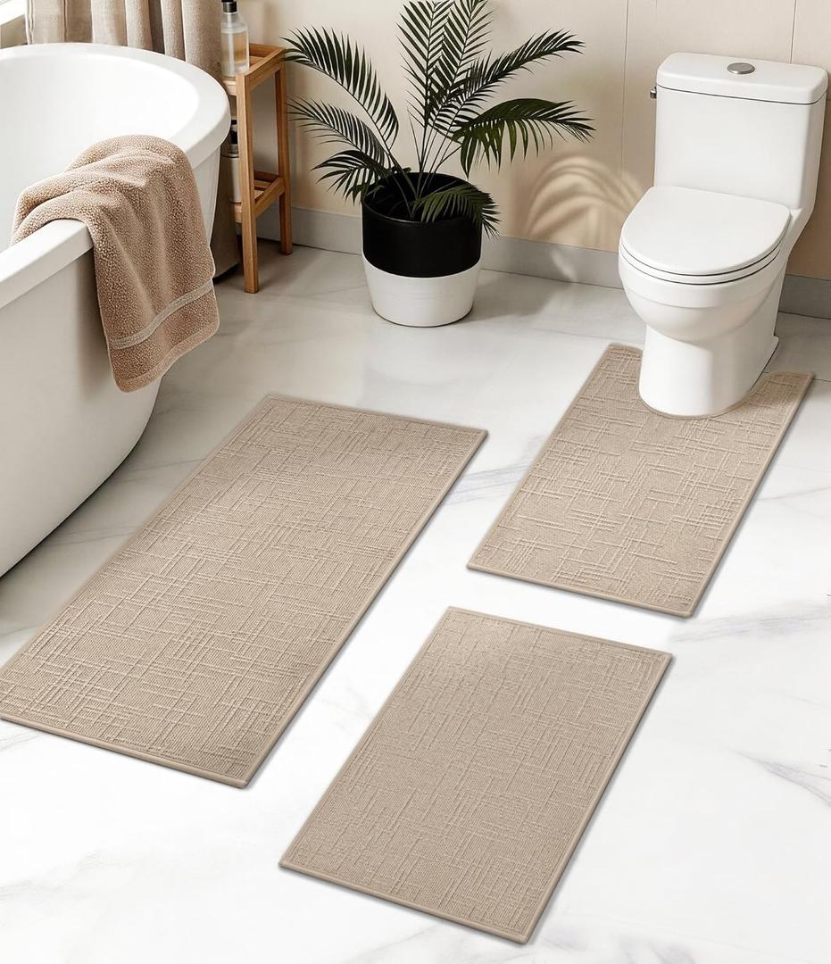 YIHOUSE Bathroom Rugs Sets 3 Piece Beige, Non Slip Bath Mats Sets of 3 Quick Dry, Absorbent Washable Thin Bathroom Rugs Fit Under Door for Elder, Sink, Laundry(16x24+16x24U+16x32in)