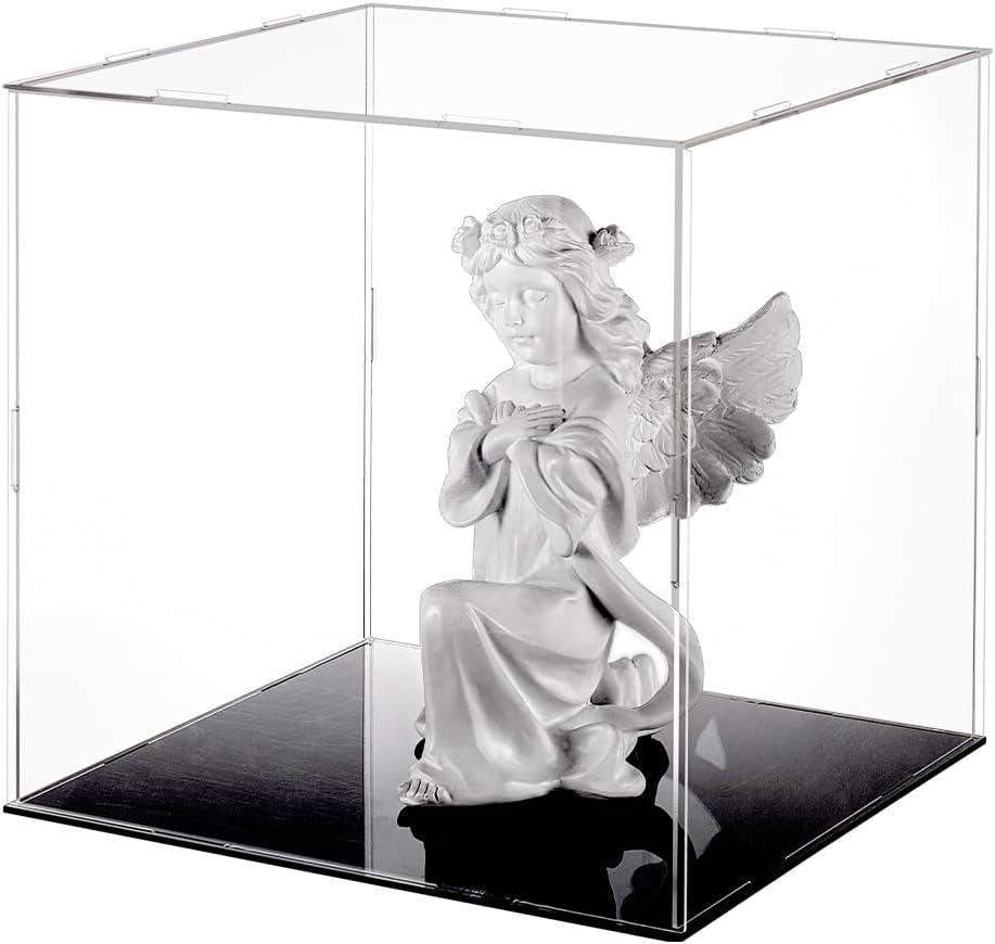 FINGERINSPIRE Clear Acrylic Display Case with Black Base & 4 Pcs Rubber Rings 10x10x10 Inch Cube Clear Self-Assembly Acrylic Box Dustproof Protection Showcase for Action Figures Collectibles Toys