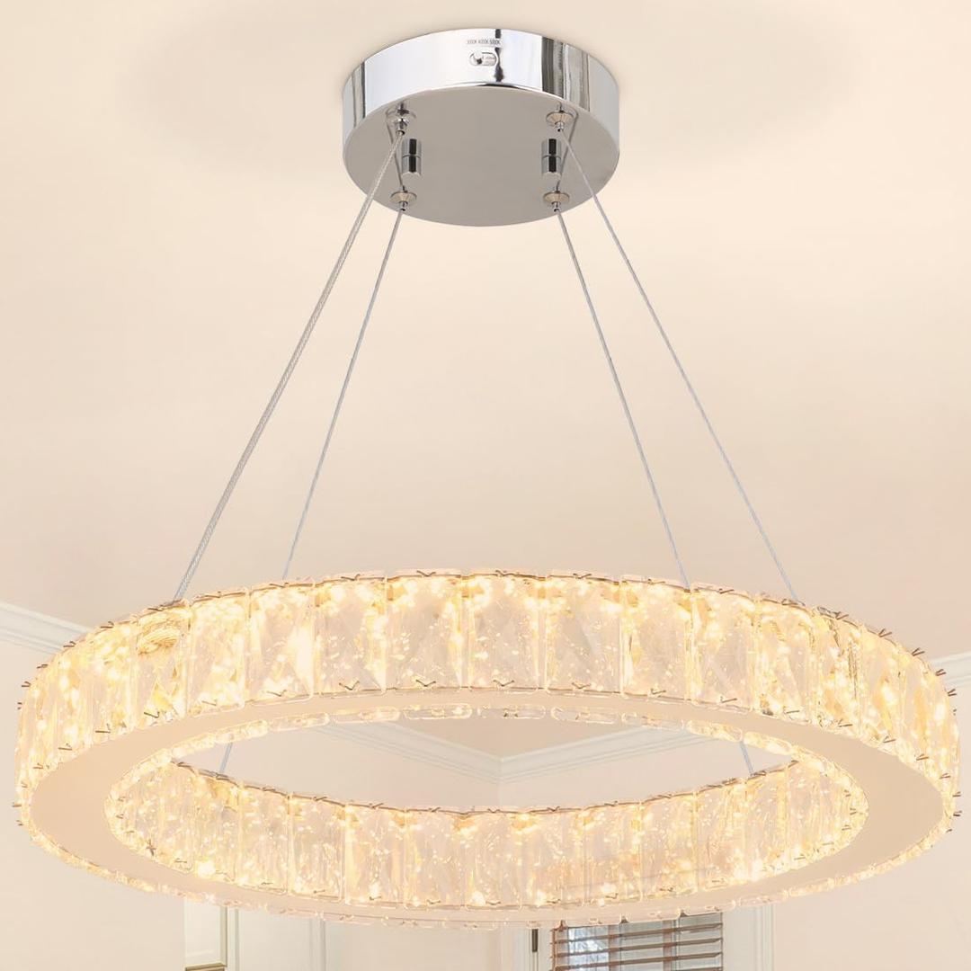 LED Chandelier, Modern Crystal Chandeliers, 17 Pendant Light 3/4/5000K Dimmable, Adjustable Height Ceiling Light Fixture for Dining Room, Stairwell, Entryway, Bedroom, ETL Listed