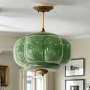 BOFEA-15 Inch Green Vintage Chandelier,Green Glass Ceiling Light Fixture with Gold Finish,Antique Pendant Lights Kitchen Island,Art Deco Hanging Lights for Bedroom Living Dining Room Hallway