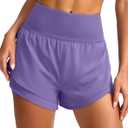 SANTINY Women's 2 in 1 Running Shorts with Pockets 3" High Waisted Exercise Workout Athletic Shorts for Women with Liner (Purple, L)